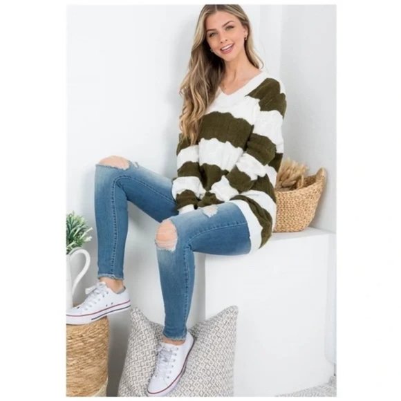 Someday Blush Sweaters - NWT Boutique Olive green and white striped fuzzy v-neck sweater